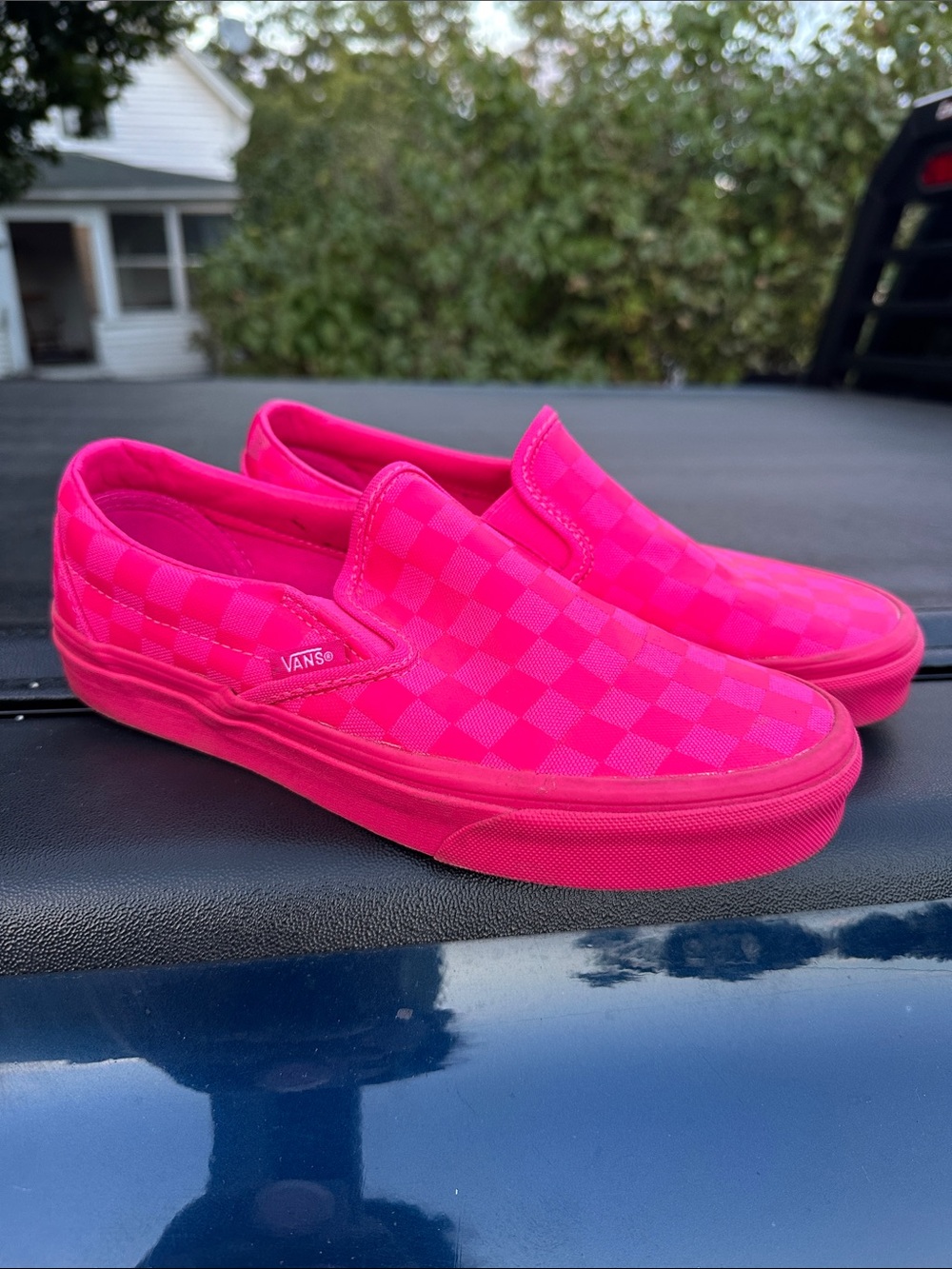 Vans Slip-On Checkerboard Sneakers in Neon Pink